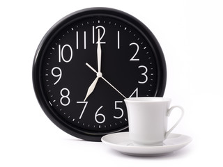 Coffee and clock. Morning background