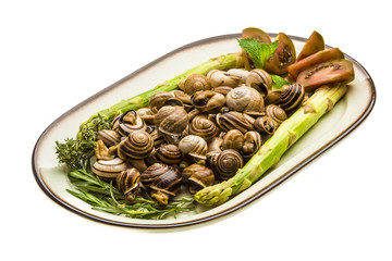 Escargot with asparagus, rosemary, thymus and tomato