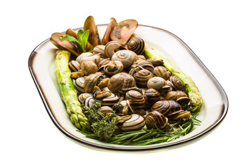 Escargot with asparagus, rosemary, thymus and tomato
