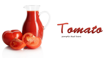 Tomato juice in pitcher isolated on white