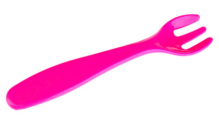 Pink fork for baby food isolated on white