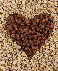 Green and brown coffee beans, close up