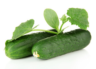 Tasty green cucumbers, isolated on white