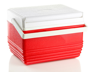 Traveling refrigerator isolated on white