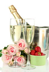 Romantic still life with champagne, strawberry and pink roses,