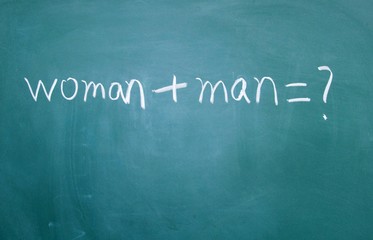 women and men sign drawn with chalk on blackboard