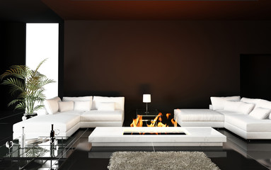 Modern Living room with white couch and fireplace