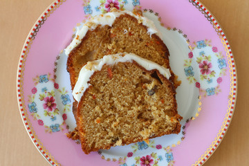 Carrot and walnut cake with marzipan icing, close up
