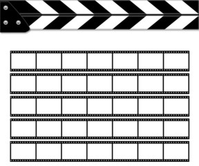 Clapper board on white background with films.
