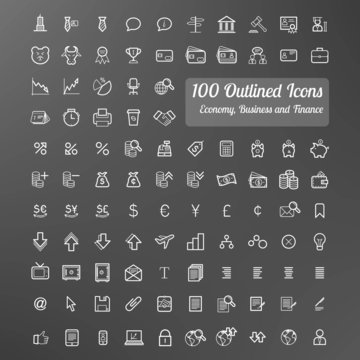 Outlined Business and Finance Icon Set Collection