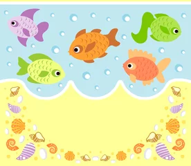Raamstickers Onder de zee Zeedieren cartoon achtergrond kaart met vis