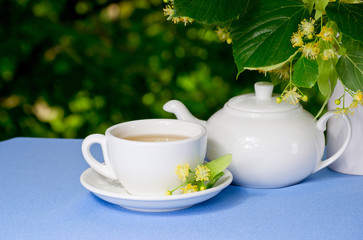 Breakfast outdoors with linden tea