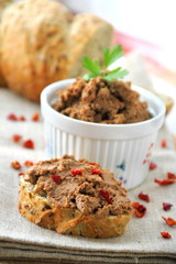 Liver pate with paprika with slices of wholegrain bread