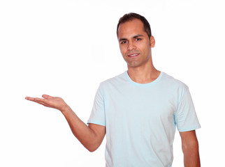 Young man holding out his palm