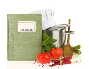Cookbook, vegetables and casserole isolated on white