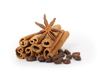 cinnamon and star anise, isolated on white background