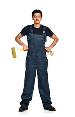 Repairman Arab nationality in the construction overalls on a whi