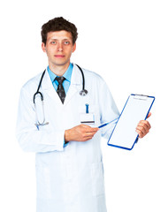 Male doctor showing clipboard with copy space for text