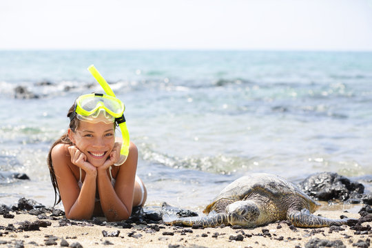 Hawaii Girl Swimming Snorkeling With Sea Turtles