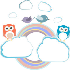 Background with couple of owls sitting and birds on cloud