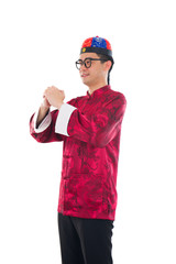 chinese new year male wishing gong xi fa cai isolated in white b