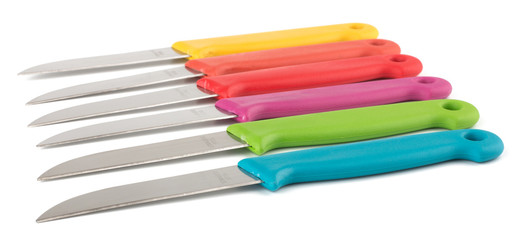 Set of colorful knives isolated on white