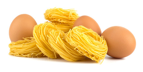 Italian egg pasta nest isolated on white background