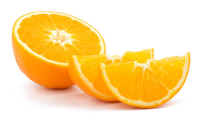 Cut orange fruit isolated on white background