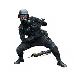 Special force soldier posing funny in isolation background .