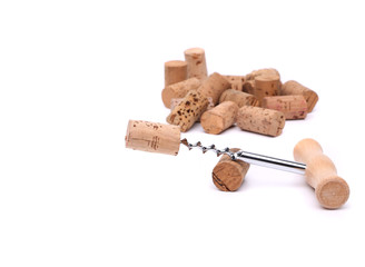 Bunch of wine corks and corkscrew
