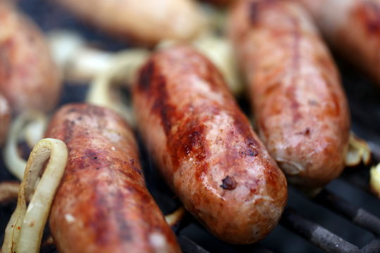 grilled sausages close up, barbecue