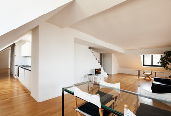 Interior, beautiful loft, hardwood floor, dining table