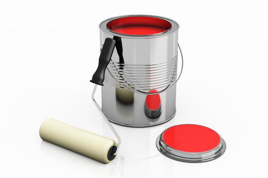 Can with red paint and roller brush