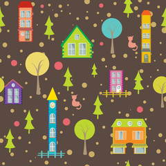 urban seamless pattern houses and trees on bright background