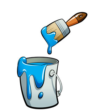 recommend clip art: Cartoon blue color paint in a paint bucket painting with paint b