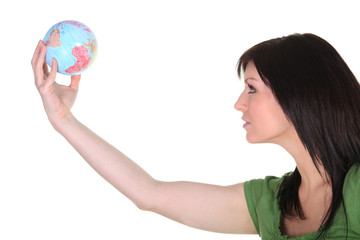 Woman in green reaching out to the world