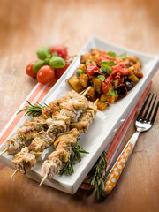 skewer with eggplants salad, selective focus