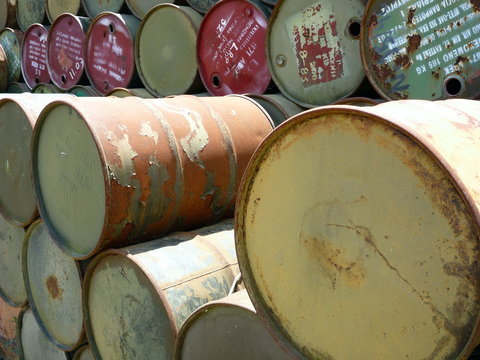 Pile Of Stacked Rusty Steel Oil Barrels