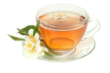 Cup of tea with jasmine, isolated on white