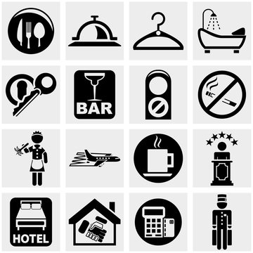 Hotel vector icons set on gray.