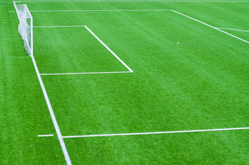 Torraum empty soccer field partial view of goal area marked with green lawn without players five meters and sixteen meters and goal