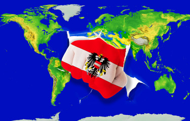 Fist in color  national flag of austria    punching world map