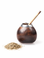 calabash and bombilla with yerba mate isolated on white backgrou