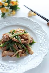 chinese cuisine, green pepper and pork slides stir fried