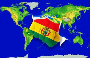 Fist in color  national flag of bolivia    punching world map