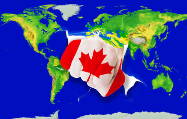 Fist in color  national flag of canada     punching world map