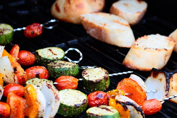 Vegetable Skewers And Bread On The Grill