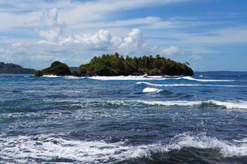 Fototapeta na wymiar Wyspa z bujną roślinnością i wzburzonym morzu