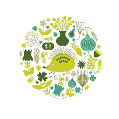 Floral illustration with cute the hedgehog and flowers