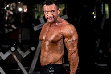 Obraz na płótnie Canvas muscular bodybuilder showing his side triceps